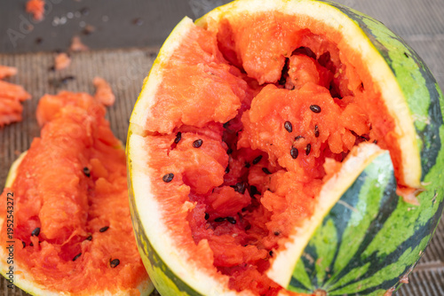 angle view smashed watermelon on the ground at horizontal composition