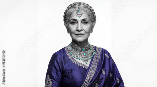 Elderly woman dressed in traditional attire stands confidently with intricate jewelry and a classic hairstyle in a modern setting