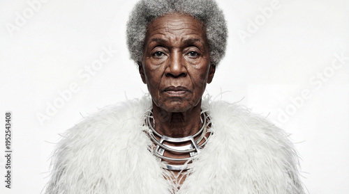 Portrait of an elderly woman wearing a fur coat and statement necklace against a plain background