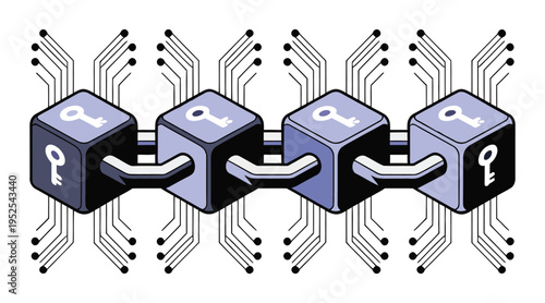An illustrative representation of a blockchain concept, featuring four interconnected blocks with key symbols, set against a background of digital circuit patterns.