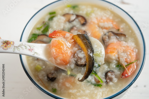 angle view eel and fresh shrimp porridge at horizontal composition