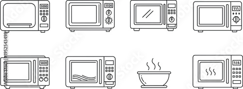 Microwave oven icon set collection, kitchen appliance symbols, cooking and heating concept, minimalist line design, modern vector illustration for home, food, and technology themes