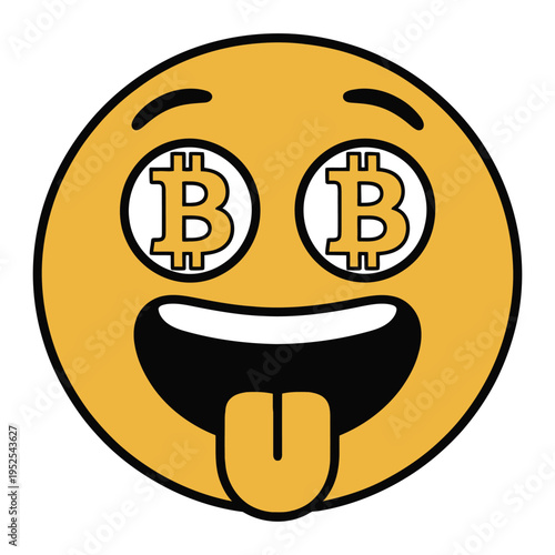 A yellow emoji face with wide eyes, open mouth, and tongue out, featuring Bitcoin symbols in its eyes, representing cryptocurrency obsession or excitement.