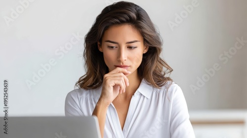 Young woman with long brown hair is thoughtfully looking at a laptop screen while resting her chin on her hand in a bright, modern workspace with soft lighting
