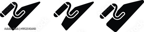 Construction tool illustration featuring three black silhouette trowels in different styles and designs, perfect for masonry, plastering, building projects, construction signage, and graphic design pu