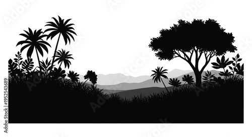 A serene black silhouette of a tropical landscape with palm trees and mountains
