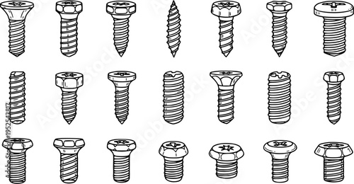 Black and White Line Art Illustration of Various Screws, Fasteners and Hardware