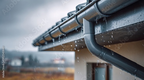 Rainwater is extensively dripping and flowing from a gray plastic gutter and downspout system while a storm continues over a suburban house, ensuring proper drainage