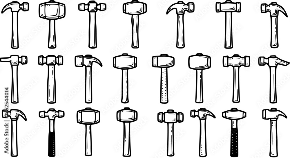 Obraz premium Black and White Line Art Hammers Collection - Construction and DIY Tools Vector Set