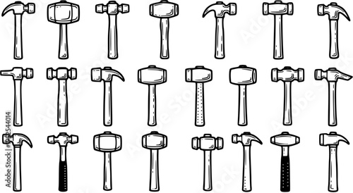 Black and White Line Art Hammers Collection - Construction and DIY Tools Vector Set