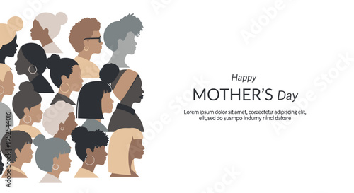 Multicultural Women Profiles Banner for Happy Mother's Day Celebration - Diverse Female Silhouettes Vector Illustration