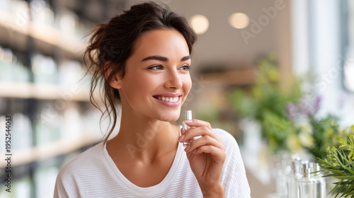 Smiling woman holding a perfume bottle in a bright store filled with fragrance bottles and greenery, showcasing a cheerful atmosphere during a shopping experience