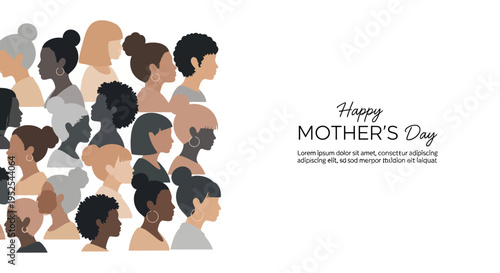 Happy Mother's Day Banner with Diverse Group of Women Profiles, Multiethnic Female Empowerment Silhouettes on White Background
