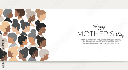 Diverse Women Profile Silhouettes Banner for Happy Mother's Day Celebration, Minimalist Multi-Ethnic Female Community Illustration with Text Copy Space