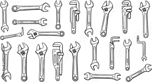 Black and White Line Art Illustration of Various Wrenches and Pipe Wrenches