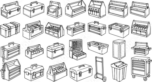 Black and White Line Art of Assorted Toolboxes and Storage Chests for Various Industries