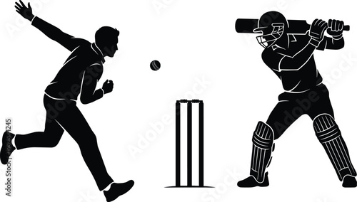 Black silhouette of professional cricket players featuring a fast bowler delivering the ball towards a batsman wearing full protective gear.