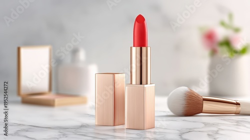 Red lipstick in a gold and rose-colored tube is placed on a marble surface with a makeup brush and cosmetic products blurred in the background for beauty and fashion themes