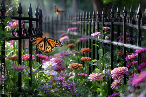 Colorful butterflies flutter among vibrant flowers in a serene garden setting during daytime