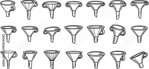 Science, Laboratory  Kitchen Funnels Collection - Hand-Drawn Black and White Line Art Vector Set for Chemistry and Liquid Transfer