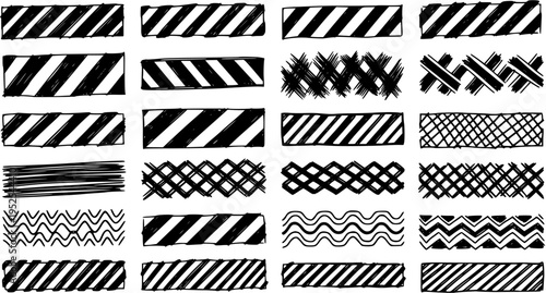 Hand-drawn Black  White Sketch Patterns and Grunge Borders. Abstract Doodle Line Art Elements for Graphic Design, Construction, and Safety Warnings.