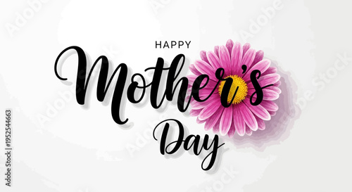 Happy Mother's Day Greeting with Elegant Pink Gerbera Daisy and Calligraphy on Dotted Background