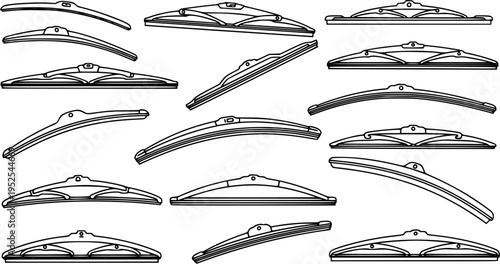 Automotive Windshield Wipers Black  White Line Art Vector Set. Outline Illustrations of Various Car Wiper Blades for Vehicle Maintenance and Replacement.
