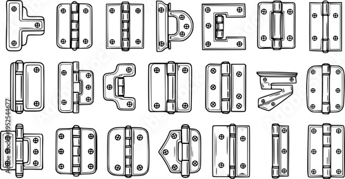 Construction Hardware: Collection of Black and White Line Art Hinges. Hand-Drawn Sketch Set of Door and Cabinet Fittings for Renovation and DIY Projects.
