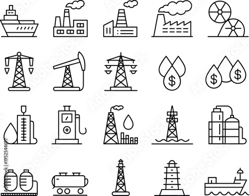 Industrial Energy and Oil Industry Vector Icon Set Featuring Power Plants Refineries Cargo Ships and Fuel Resources
