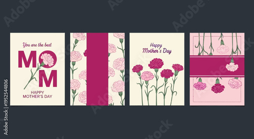 Happy Mother's Day Greeting Card Set with Pink and Magenta Carnations, Elegant Floral Illustration Templates for Mom