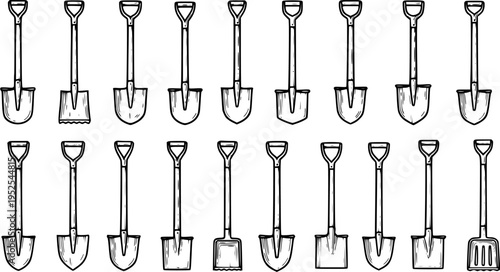 Black and White Line Art Illustration of Various Shovels for Gardening and Construction