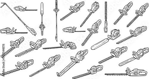 Gardening  Landscaping Hedge Trimmers Vector Set. Black and White Line Art Illustration of Various Electric Pruners and Pole Saws for Outdoor Maintenance.