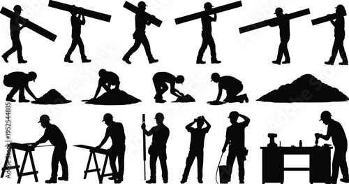 Construction worker silhouettes carrying beams, digging soil and carpentry work, industrial labor set, builders with tools, site activities vector illustration collection