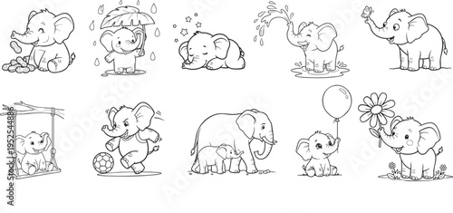 A collection of ten cute baby elephant illustrations for children to color in a fun activity book Vector