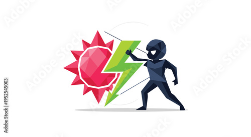 A dark figure with a mask holds a green lightning bolt facing a red polygonal sun.