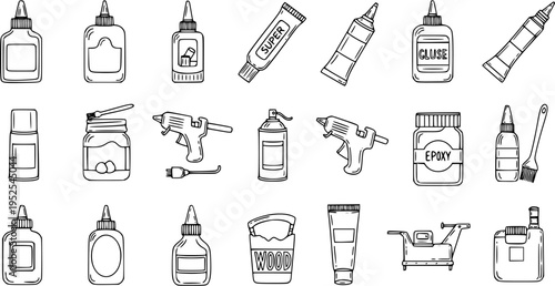 Hand-Drawn Black  White Line Art Glues and Adhesives Collection for Craft and DIY Projects. Doodle Icons of Glue Guns, Super Glue, Epoxy, and Wood Glue.