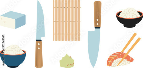 Japanese cuisine illustration featuring sushi with salmon, chopsticks, rice bowls, tofu, bamboo rolling mat, kitchen knives, and wasabi, perfect for food design, cooking, and cultural projects.Japanes