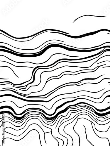 Abstract black and white hand drawn wavy line drawing seamless pattern. Landscape geodesy topographic map background. Abstract geometric topographic contour map background Vector.