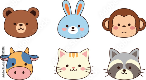 Kawaii animal face vector collection featuring a brown bear, blue bunny, cute monkey, spotted cow, cream cat, and raccoon isolated on white for nursery stickers.Kawaii animal face vector collection fe