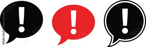 Alert speech bubble icon set, warning notification symbols, exclamation message concept, modern flat design, vector illustration for communication, attention, and error themes