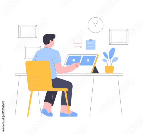Remote Work Woman at Desk – Home Office Productivity Vector Illustration