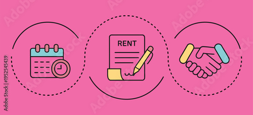 Illustration of business agreement process with icons for scheduling, rent contract signing, and a handshake deal.