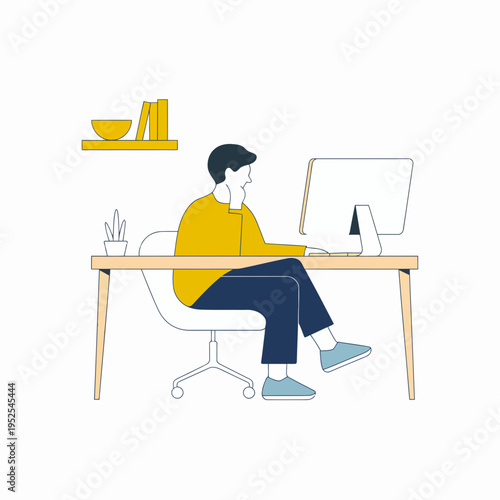 Remote Work Woman at Desk – Home Office Productivity Vector Illustration