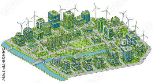 Eco-friendly city skyline with green buildings, wind turbines, and sustainable urban planning.