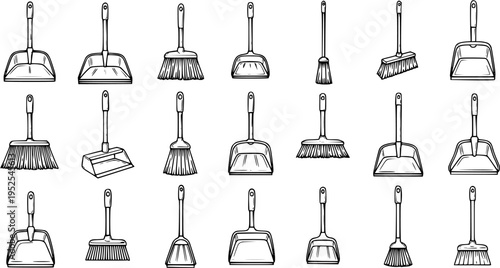 Black and White Line Art Vector Set of Cleaning Dustpans and Brooms. Household Chores, Sanitation and Hygiene Tools Outline Illustration Collection.