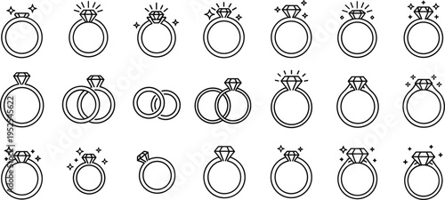 Diamond ring outline icons set, engagement and wedding jewelry symbols collection, sparkling gemstone line art, luxury accessory vector elements isolated on white background