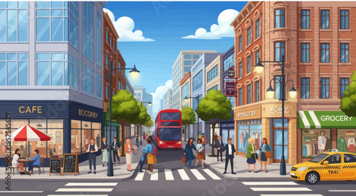 Vibrant City Street Scene with People, Shops, and Double Decker Bus