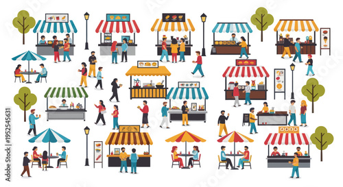 Street food market scene with diverse people and colorful stalls, vibrant outdoor dining