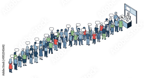 Crowd in Line at Voting Booth with Speech Bubbles, Election Day Concept