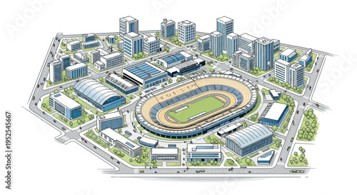 Aerial view of a modern city district with stadium, sports arena, and office buildings